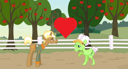 Size: 8917x4853 | Tagged: safe, imported from derpibooru, auntie applesauce, trenderhoof, pony, apple, apple tree, fence, heart, implied shipping, implied straight, shipping, shipping domino, tree