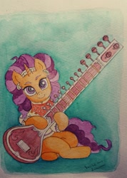 Size: 637x893 | Tagged: safe, artist:daisymane, imported from derpibooru, saffron masala, pony, unicorn, ear piercing, earring, female, gradient background, hoof hold, jewelry, looking at you, mare, musical instrument, piercing, sitar, solo, traditional art, watercolor painting