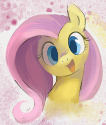 Size: 940x1105 | Tagged: safe, artist:dotkwa, imported from derpibooru, fluttershy, pony, abstract background, bust, cute, female, looking at you, mare, open mouth, portrait, shyabetes, smiling, solo