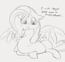 Size: 602x578 | Tagged: safe, artist:dotkwa, imported from derpibooru, fluttershy, pegasus, pony, belly, belly button, big belly, dialogue, fat, fattershy, female, mare, monochrome, open mouth, simple background, sitting, solo, white background, wings