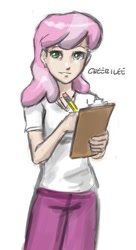 Size: 209x384 | Tagged: safe, artist:johnjoseco, edit, imported from derpibooru, cheerilee, human, clipboard, clothes, cropped, humanized, pencil, simple background, solo, white background