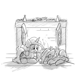 Size: 1280x1280 | Tagged: safe, artist:captainhoers, imported from derpibooru, princess celestia, princess luna, alicorn, pony, candy, candy cane, cewestia, christmas, christmas stocking, clothes, duo, eating, female, filly, fireplace, food, grayscale, hat, holiday, lying down, monochrome, mouth hold, prone, royal sisters, santa hat, siblings, sisters, sketch, socks, stockings, thigh highs, woona, younger