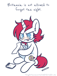 Size: 900x1200 | Tagged: safe, artist:hawthornss, imported from derpibooru, oc, oc only, oc:britannia, pony, unicorn, things britannia is not allowed to do, b.u.c.k., b.u.c.k. 2016, calculator, female, glasses, mare, mascot, no pupils, notepad, pen, pince-nez, simple background, solo, taxes, thinking, tongue out, white background