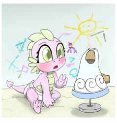 Size: 3176x3334 | Tagged: safe, artist:stardust-pony, imported from derpibooru, spike, dragon, alternate universe, baby, baby dragon, baby spike, barb, clothes, diaper, dress, explicit source, implied dusk shine, manequin, mannequin, rule 63, younger