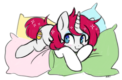 Size: 892x589 | Tagged: safe, artist:hawthornss, imported from derpibooru, oc, oc only, oc:britannia, pony, unicorn, things britannia is not allowed to do, b.u.c.k., b.u.c.k. 2016, female, lying down, mare, mascot, pillow, simple background, solo, white background