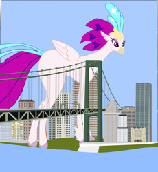 Size: 1280x1393 | Tagged: safe, artist:oceanrailroader, imported from derpibooru, queen novo, hippogriff, my little pony: the movie, bridge, city, female, giantess, macro, solo