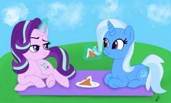 Size: 2048x1229 | Tagged: safe, artist:kazzysart, imported from derpibooru, starlight glimmer, trixie, pony, unicorn, cake, carrot cake (food), eating, female, food, lesbian, looking at each other, magic, mare, picnic, picnic blanket, ponyloaf, shipping, startrix, telekinesis