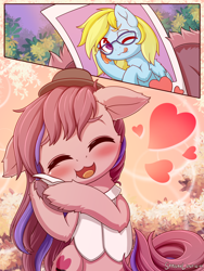 Size: 1800x2400 | Tagged: safe, artist:symbianl, imported from derpibooru, oc, oc only, oc:cloud cuddler, oc:sweet haze, earth pony, pegasus, pony, :p, blushing, clothes, commission, cute, earth pony oc, eyes closed, female, femboy, frog (hoof), glasses, hat, heart, male, oc x oc, one eye closed, pegasus oc, photo, shipping, smiling, tongue out, underhoof, wings, wink