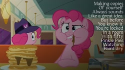 Size: 1920x1080 | Tagged: safe, edit, edited screencap, editor:quoterific, imported from derpibooru, screencap, pinkie pie, pony, the saddle row review, clone, eating, food, pancakes, pinkie clone, puffy cheeks