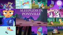 Size: 1972x1109 | Tagged: safe, edit, edited screencap, editor:quoterific, imported from derpibooru, screencap, apple bloom, applejack, princess luna, rainbow dash, rarity, scootaloo, sweetie belle, pony, season 3, sleepless in ponyville, collage, cutie mark crusaders, forest, moon, rainbow waterfall, tent