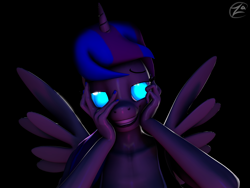 Size: 2876x2160 | Tagged: safe, artist:rainsstudio, derpibooru exclusive, imported from derpibooru, oc, oc only, oc:black rain, alicorn, anthro, 3d, alicorn oc, anthro oc, bedroom eyes, female, grin, horn, looking at you, meme, meme face, mirai nikki, rule 63, smiling, solo, solo female, source filmmaker, wings, yandere, yandere trance