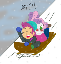 Size: 1280x1349 | Tagged: safe, artist:horroraceman93, imported from derpibooru, scootaloo, sweetie belle, equestria girls, blushing, clothes, female, lesbian, mountain, scootabelle, shipping, sled, snow, winter outfit