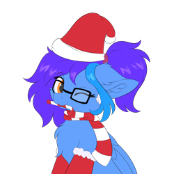 Size: 5000x5000 | Tagged: safe, artist:lunar froxy, imported from derpibooru, oc, oc only, oc:angley, pegasus, pony, absurd resolution, chest fluff, christmas, clothes, commission, cute, ear fluff, female, glasses, hat, holiday, one eye closed, ponytail, santa hat, scarf, simple background, socks, solo, transparent background, wings, wink, ych result