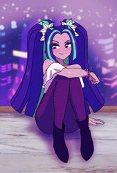 Size: 1024x1512 | Tagged: safe, artist:rileyav, imported from derpibooru, aria blaze, equestria girls, ariabetes, bare shoulders, cute, female, sitting, smiling, solo