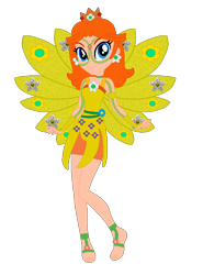 Size: 510x689 | Tagged: safe, artist:cookiechans2, artist:user15432, imported from derpibooru, fairy, human, equestria girls, arcanix, barefoot, barely eqg related, base used, clothes, crossover, crown, ear piercing, earring, equestria girls style, equestria girls-ified, fairy wings, fairyized, feet, fingerless gloves, gloves, jewelry, nintendo, piercing, princess daisy, rainbow s.r.l, regalia, simple background, solo, super mario bros., transparent background, wings, winx, winx club, winxified, yellow dress, yellow wings