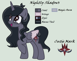 Size: 2028x1616 | Tagged: safe, artist:lominicinfinity, imported from derpibooru, oc, oc only, oc:nightly shadows, alicorn, pony, female, mare, reference sheet, simple background, solo, two toned wings, wings