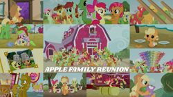 Size: 1992x1121 | Tagged: safe, edit, edited screencap, editor:quoterific, imported from derpibooru, screencap, apple bloom, apple bumpkin, apple cinnamon, apple cobbler, apple crumble, apple dumpling, apple fritter, apple honey, apple leaves, apple mint, apple rose, apple split, apple squash, apple strudel, apple tarty, apple top, applejack, aunt orange, auntie applesauce, babs seed, big macintosh, braeburn, bushel, candy apples, florina tart, gala appleby, golden delicious, granny smith, half baked apple, hayseed turnip truck, hoss, jonagold, liberty belle, marmalade jalapeno popette, minty apple, mosely orange, perfect pie, pink lady, red delicious, red gala, red june, spike, sweet tooth, uncle orange, wensley, dragon, earth pony, pony, apple family reunion, season 3, apple family, apple family member, baby, baby pony, babyjack, female, filly, foal, male, mare, raise this barn, stallion, younger