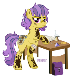 Size: 1144x1200 | Tagged: safe, artist:jennieoo, imported from derpibooru, oc, oc only, oc:shale blush, earth pony, pony, bag, book, diamond, gem, show accurate, solo, stains, table, working