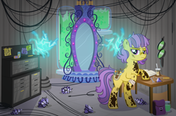 Size: 1200x793 | Tagged: safe, artist:jennieoo, imported from derpibooru, oc, oc only, oc:shale blush, earth pony, goo, pony, equestria girls, mirror magic, spoiler:eqg specials, diamond, electricity, gem, goggles, magic mirror, mirror, mirror portal, show accurate, solo, tesla coil, wires, working