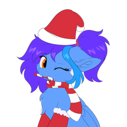 Size: 5000x5000 | Tagged: safe, alternate version, artist:lunar froxy, derpibooru exclusive, imported from derpibooru, oc, oc only, oc:angley, pegasus, pony, absurd resolution, chest fluff, christmas, clothes, commission, cute, ear fluff, female, hat, holiday, one eye closed, ponytail, santa hat, scarf, simple background, socks, solo, transparent background, wings, wink, ych result