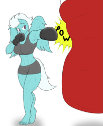 Size: 1301x1588 | Tagged: safe, artist:matchstickman, imported from derpibooru, imported from ponybooru, fleetfoot, anthro, pegasus, plantigrade anthro, abs, barefoot, boxing, boxing gloves, breasts, busty fleetfoot, clothes, descriptive noise, feet, female, fleetflex, muscles, muscular female, onomatopoeia, punching bag, simple background, solo, sports, sweat, white background, white mane, white tail