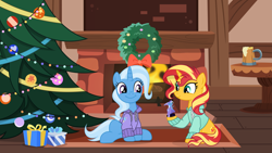 Size: 6405x3603 | Tagged: safe, artist:inaactive, artist:pumpkinpieforlife, imported from derpibooru, sunset shimmer, trixie, pony, unicorn, christmas, christmas tree, clothes, fireplace, holiday, sweater, toy, tree, vector