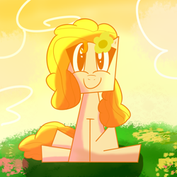 Size: 2000x2000 | Tagged: safe, artist:captdraws, imported from derpibooru, pear butter, earth pony, pony, cubism, cute, field, flower, flower in hair, modern art, pearabetes, sitting, solo