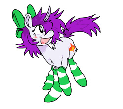 Size: 966x862 | Tagged: safe, artist:boxyknife, imported from derpibooru, oc, oc only, oc:mable syrup, pony, unicorn, blind, bow, clothes, palindrome get, purple hair, socks, solo, striped socks