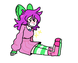 Size: 635x510 | Tagged: safe, artist:boxyknife, imported from derpibooru, oc, oc only, oc:mable syrup, human, boots, bow, clothes, deaf, dress, humanized, purple hair, shoes, sitting, socks, stockings, striped socks, thigh highs, tongue out