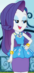 Size: 971x2045 | Tagged: safe, imported from derpibooru, screencap, rarity, equestria girls, equestria girls series, sock it to me, spoiler:eqg series (season 2), bracelet, canterlot high, clothes, cropped, cute, diamond, dress, female, geode of shielding, gold, hand on hip, jewelry, legs, lidded eyes, magical geodes, makeup, necklace, outdoors, pencil skirt, raribetes, rarity peplum dress, skirt, sleeveless, smiling, soccer field, sock it to me: rarity, waistband, wrist cuffs