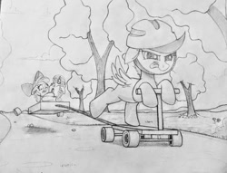 Size: 1140x873 | Tagged: safe, artist:allyster-black, artist:allysterblack, imported from derpibooru, apple bloom, scootaloo, sweetie belle, earth pony, pegasus, pony, unicorn, :p, cutie mark crusaders, helmet, monochrome, pencil drawing, scooter, screaming, this will end in pain, tongue out, traditional art, wagon