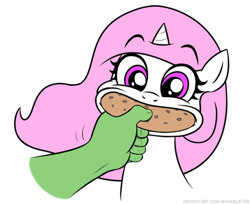 Size: 594x484 | Tagged: safe, artist:banebuster, imported from derpibooru, princess celestia, oc, oc:anon, alicorn, pony, series:tiny tia, cewestia, cookie, cute, cutelestia, disembodied hand, eating, feeding, female, filly, food, hand, offscreen character, pink-mane celestia, simple background, smiling, white background, younger