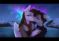 Size: 3645x2550 | Tagged: safe, artist:taleriko, imported from derpibooru, oc, oc:lane dark, oc:taleriko, anthro, earth pony, pegasus, aurora borealis, clothes, female, females only, gay, kissing, lesbian, male, oc x oc, shipping, winter, winter outfit