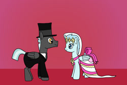 Size: 1280x854 | Tagged: safe, artist:platinumdrop, imported from derpibooru, thunderlane, oc, oc:windy breeze, pegasus, pony, clothes, dress, female, hat, male, marriage, request, straight, top hat, tuxedo, wedding, wedding dress