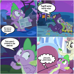 Size: 1400x1400 | Tagged: safe, edit, edited screencap, imported from derpibooru, screencap, fleur de verre, spike, twilight sparkle, crystal pony, dragon, pony, unicorn, luna eclipsed, owl's well that ends well, power ponies (episode), princess spike (episode), bed, comic, couch, detective, golden oaks library, halloween, holiday, movie reference, nightmare night, rush hour, screencap comic, speech bubble, thought bubble