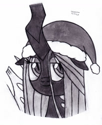 Size: 1024x1246 | Tagged: safe, artist:drchrisman, imported from derpibooru, queen chrysalis, changeling, changeling queen, bust, christmas, christmas changeling, female, hat, holiday, santa hat