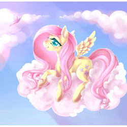 Size: 1024x1024 | Tagged: safe, artist:verrottet, imported from derpibooru, fluttershy, butterfly, pegasus, pony, cloud, colored pupils, crepuscular rays, cute, female, high res, lying down, mare, on a cloud, outdoors, profile, prone, shyabetes, sky, smiling, solo, spread wings, wings