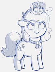 Size: 701x919 | Tagged: safe, artist:heretichesh, imported from derpibooru, oc, oc:new, oc:zeta, earth pony, pony, unicorn, dialogue, family, female, filly, foal, grandmother and grandchild, looking up, mare, monochrome, ponies riding ponies, pony hat, riding, sketch, text