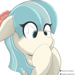 Size: 2000x2000 | Tagged: safe, artist:drawalaverr, imported from derpibooru, coco pommel, earth pony, pony, bust, cocobetes, cute, eye clipping through hair, fanart, female, flower, flower in hair, looking down, mare, portrait, quadrupedal, simple background, solo, solo female, white background