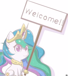 Size: 2190x2450 | Tagged: safe, artist:drawalaverr, imported from derpibooru, princess celestia, alicorn, pony, chibi, fanart, female, horn, mare, quadrupedal, sign, simple background, smiling, solo, solo female, white background