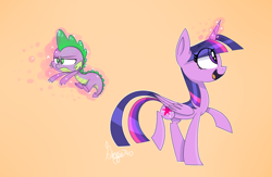 Size: 1200x780 | Tagged: safe, artist:siggie740, imported from derpibooru, spike, twilight sparkle, alicorn, dragon, pony, duo, female, levitation, magic, male, mare, open mouth, profile, spike is not amused, telekinesis, twilight sparkle (alicorn), unamused