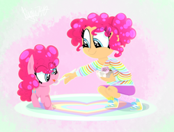 Size: 1770x1345 | Tagged: safe, artist:siggie740, imported from derpibooru, pinkie pie, earth pony, human, pony, :p, child, cute, diapinkes, feeding, female, filly, filly pinkie pie, food, human ponidox, humanized, ice cream, pigtails, self ponidox, tongue out, younger