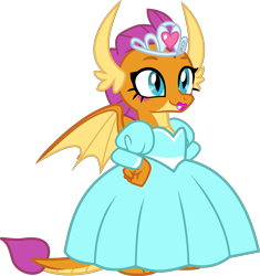 Size: 2016x2140 | Tagged: safe, alternate version, anonymous artist, derpibooru exclusive, edit, imported from derpibooru, vector edit, smolder, dragon, what lies beneath, .svg available, clothes, cropped, cute, dragoness, dress, eyelashes, female, hand on hip, horns, jewelry, lipstick, makeup, princess smolder, simple background, smiling, smolderbetes, solo, svg, tail, tiara, tomboy taming, transparent background, vector, wings