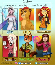 Size: 2144x2560 | Tagged: safe, artist:horu_arts, imported from derpibooru, sunset shimmer, anthro, big cat, demon, fox, human, lion, six fanarts, equestria girls, charlie morningstar, clothes, crossed arms, crossover, cutie mark, cutie mark on clothes, elsa, eye scar, female, finger gun, finger guns, frozen (movie), glowing hands, hazbin hotel, jacket, jewelry, kion, necklace, nick wilde, pants, scar, skirt, smiling, smirk, the lion guard, zootopia