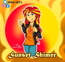 Size: 3913x3722 | Tagged: safe, alternate version, artist:horu_arts, imported from derpibooru, sunset shimmer, equestria girls, clothes, cutie mark, cutie mark on clothes, female, finger gun, finger guns, jacket, jewelry, misspelling, necklace, pants, signature, smiling, smirk, solo, sun, sunshine shimmer
