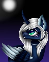 Size: 1080x1350 | Tagged: safe, artist:rxndxm.artist, imported from derpibooru, princess luna, alicorn, pony, alternate design, curved horn, female, full moon, horn, looking back, mare, moon, night, solo