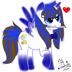 Size: 1280x1280 | Tagged: safe, artist:amgiwolf, imported from derpibooru, oc, oc only, alicorn, pony, alicorn oc, coat markings, doctor who, eyelashes, heart, horn, mouth hold, raised hoof, signature, simple background, socks (coat marking), socks (coat markings), solo, sonic screwdriver, transparent background, wings