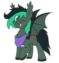 Size: 1219x1291 | Tagged: safe, artist:moonatik, imported from derpibooru, oc, oc only, oc:target strike, bat pony, pony, derpibooru community collaboration, 2021 community collab, bandana, bat pony oc, bat wings, commission, male, one eye closed, raised hoof, simple background, solo, spread wings, stallion, transparent background, unshorn fetlocks, wings, wink