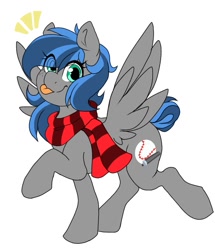 Size: 662x768 | Tagged: safe, artist:littlebibbo, imported from derpibooru, imported from ponybooru, oc, oc only, oc:bibbo, pegasus, pony, :p, clothes, female, freckles, hair over one eye, looking at you, mare, raised hoof, raised leg, scarf, simple background, smiling, solo, spread wings, tongue out, white background, wings