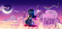 Size: 1894x900 | Tagged: safe, artist:darksly, imported from derpibooru, princess luna, alicorn, pony, cloud, cloudsdale, commission, crescent moon, female, looking at you, mare, moon, on a cloud, sitting, sitting on a cloud, sitting on cloud, smiling, solo, stars, sunset, twilight (astronomy)